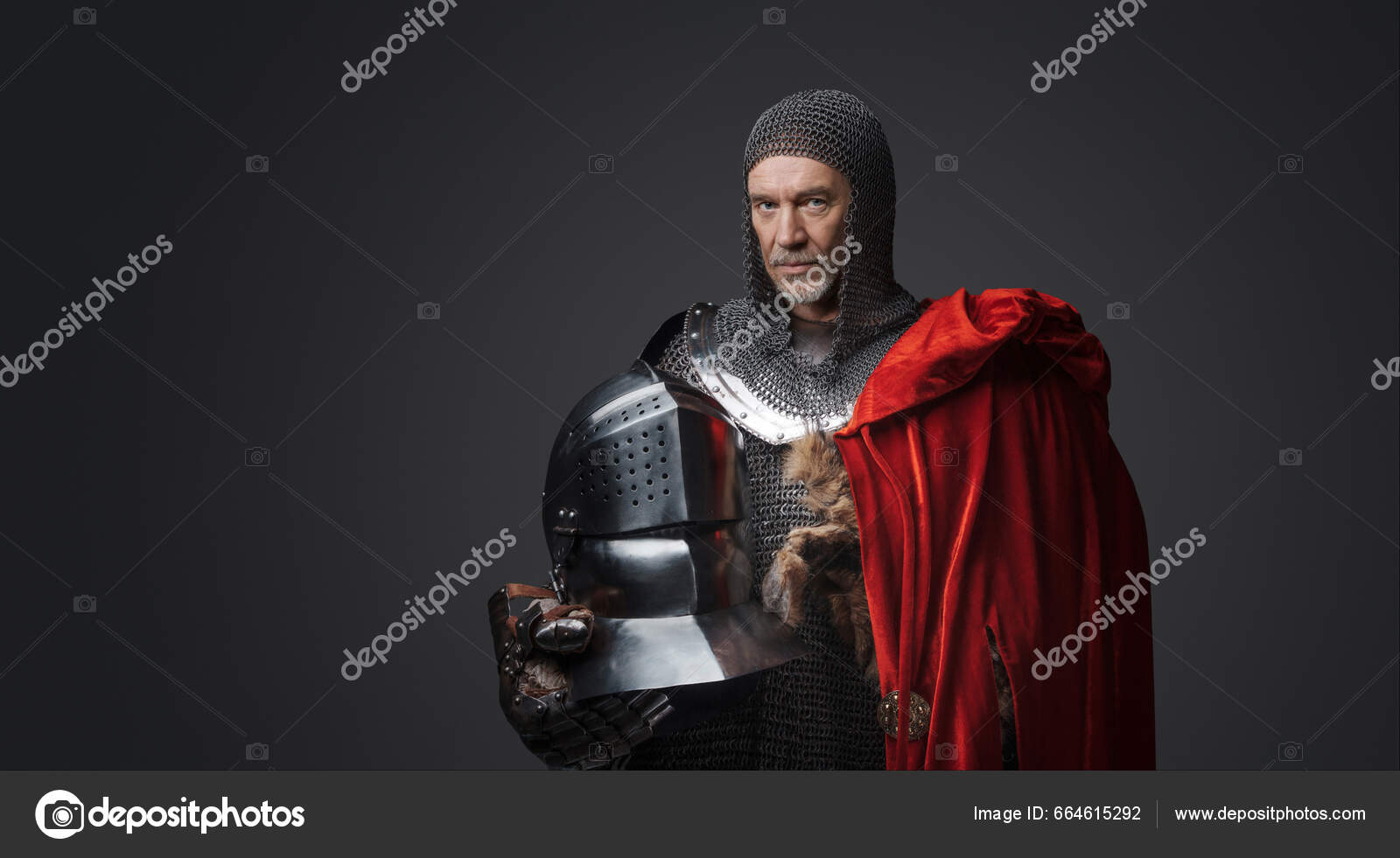Portrait Encaptures Medieval Warrior Armor Red Cape Draped One Shoulder  Stock Photo by ©fxquadro 664615292