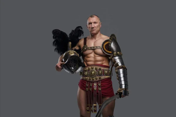 Battle Worn Muscular Gladiator Mature Age Rugged Face Dons Intricately — Stock Photo, Image