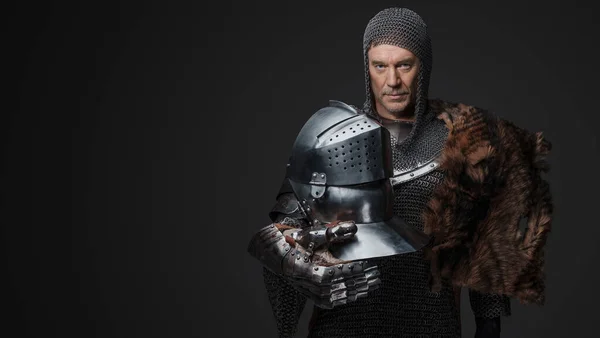 Confident Medieval Knight Poses Full Plate Armor Fur Detail One — Stock Photo, Image