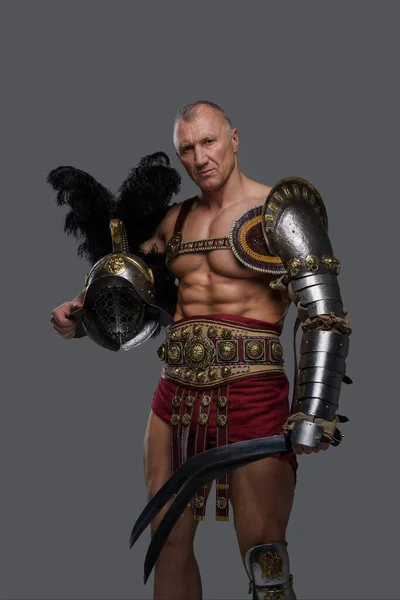 Gladiador Muscular Usado Batalha Idade Madura Com Rosto Robusto Veste — Fotografia de Stock