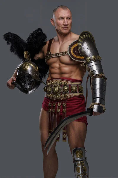 Battle Worn Muscular Gladiator Mature Age Rugged Face Dons Intricately — Stock Photo, Image