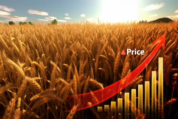 Krize Nárůst Cen Pšenice Snímek Pšeničných Polí Schématem Červenou Šipkou — Stock fotografie