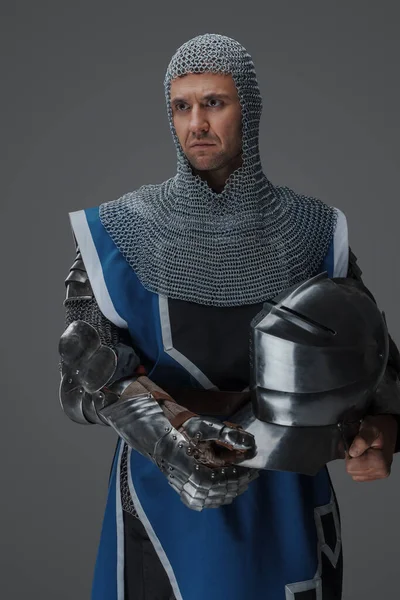 Regal Protector Donning Shining Armor Blue Surcoat Chainmail Hood Holding — Stock Photo, Image