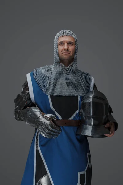 Regal Protector Donning Shining Armor Blue Surcoat Chainmail Hood Holding — Stock Photo, Image