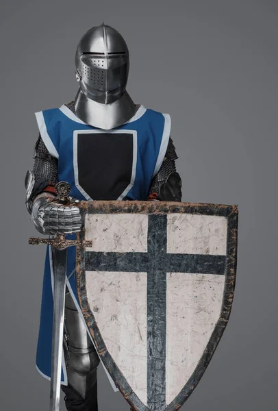 Medieval Knight Blue Surcoat Holding Sword Shield Grey Background — Stock Photo, Image