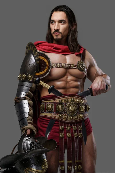 Muscular Gladiator Stylish Beard Flowing Hair Dons Intricate Lightweight Armor — Stock Photo, Image