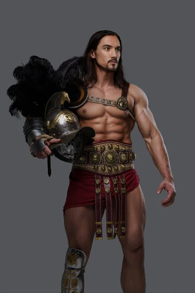 Gladiator Stylish Beard Wears Lightweight Intricate Armor Poses Gripping Feathered — Stock Photo, Image