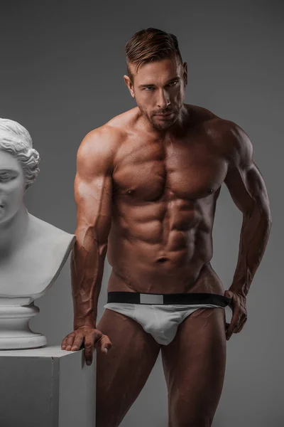 Impresionante Modelo Masculino Mostrando Físico Esculpido Ropa Interior Junto Una — Foto de Stock