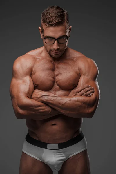 Pensive Muscular Male Model Shirtless Crossed Arms Glasses Contemplating Grey — Stock Photo, Image