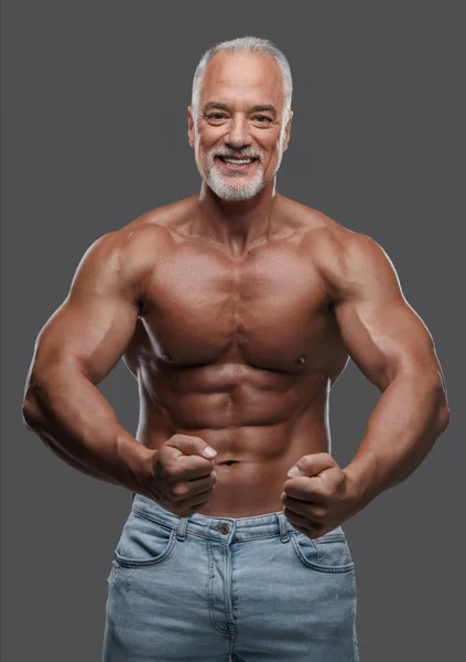 Handsome Older Man Stylish Grey Beard Muscular Physique Ripped Jeans — Stock Photo, Image