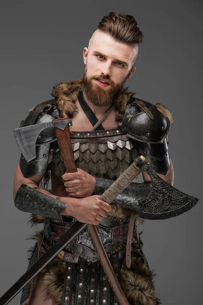Imposing Rugged Viking Man Bushy Beard Clad Animal Fur Light — Stock Photo, Image