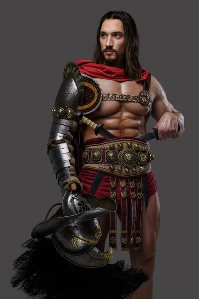 Muscular Gladiator Stylish Beard Flowing Hair Dons Intricate Lightweight Armor — Stock Photo, Image