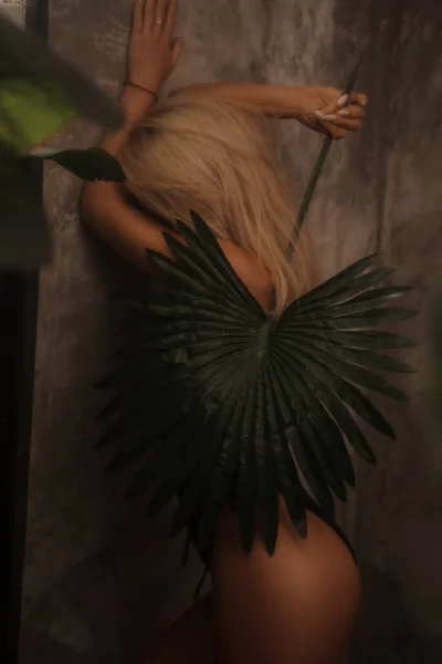 Seksowna Modelka Czarnym Bikini Pozuje Pod Prysznicem Szarą Teksturowaną Ścianą — Zdjęcie stockowe
