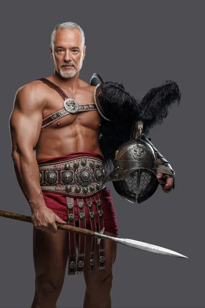 Regal Stoic Elderly Warrior Dressed Historical Armor Holds His Spear — Stock Photo, Image