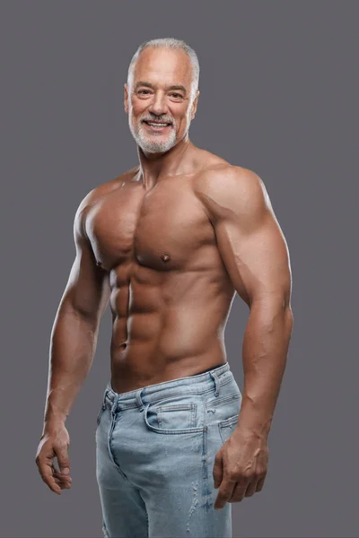 Attractive Older Man Muscular Physique Stylish Gray Beard Ripped Jeans — Stock Photo, Image