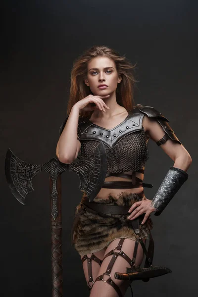 Stunning Viking Girl Dressed Chainmail Top Fur Skirt Poses Two — Stock Photo, Image