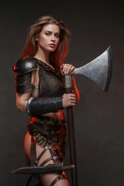 Stunning Viking Woman Dressed Chainmail Top Fur Skirt Poses Two — Stock Photo, Image