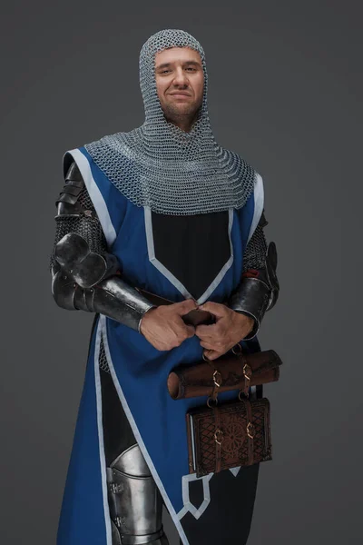 Medieval Warrior Garbed Shining Armor Blue Surcoat Chainmail Hood Clutching — Stock Photo, Image