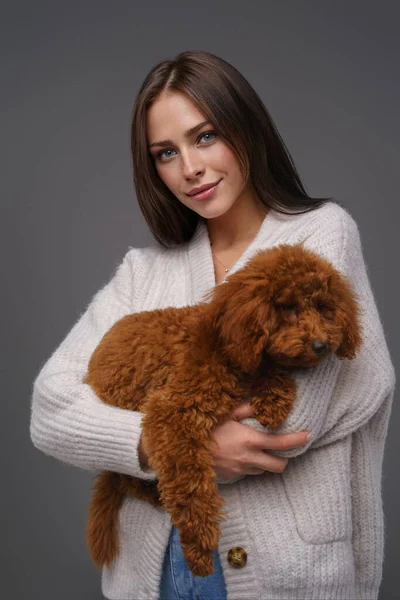 Portrait of a brunette in casual attire, lightly smiling while embracing her beloved toy poodle, complemented by a gray studio background