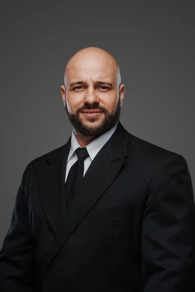 Stately Bald Man Full Short Beard Black Suit Tie Poses — Stock Photo, Image