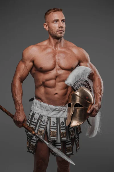 Muscular Attractive Male Model Dressed Ancient Pteruges Poses Spear Helmet — Stock Photo, Image