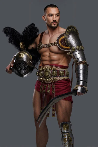 Gladiator Well Groomed Beard Lightweight Ornate Armor Poses Gladius Feathered — Stock Photo, Image