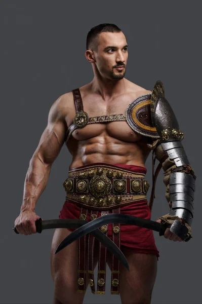 Elegant Gladiator Stylish Light Armor Holds Two Gladii Hands While — Stock Photo, Image