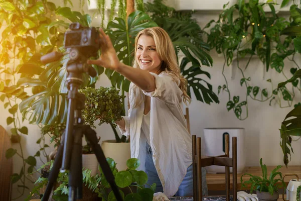 Stylish florist blogger capturing her plant care routine in a sun-kissed room with vibrant greenery