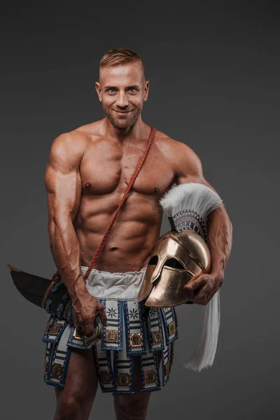 Smiling Muscular Attractive Male Model Dressed Ancient Drapes Holding Greek — Stock Photo, Image