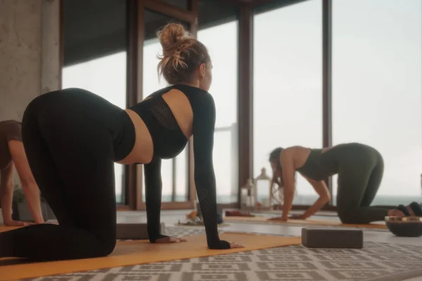 Mädchengruppe Praktiziert Yoga Und Meditation Einer Stadtwohnung Mit Panoramablick — Stockfoto