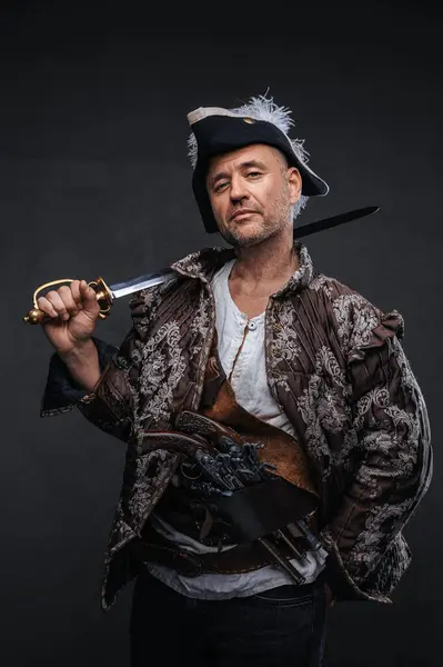 Pirate Showcasing His Seasoned Look Wearing Brown Vest Sporting Two — Stock Photo, Image