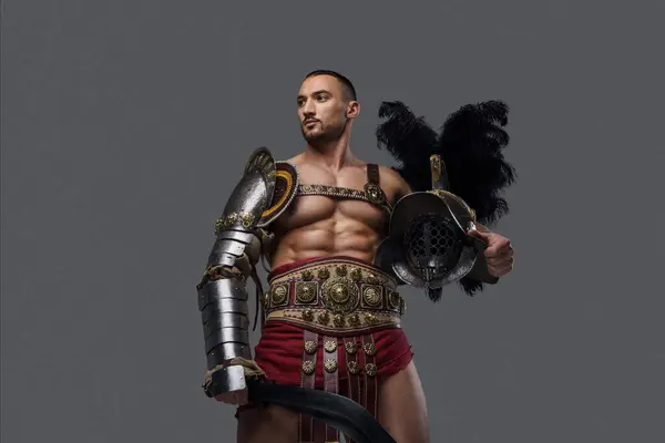 Muscular Gladiator Graceful Lightweight Armor Strikes Pose While Holding Gladius — Stock Photo, Image