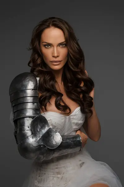 Elegant Middle Aged Brunette White Gown Partial Medieval Armor Poses — Stock Photo, Image