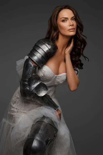 Elegant Middle Aged Brunette White Gown Partial Medieval Armor Poses — Stock Photo, Image