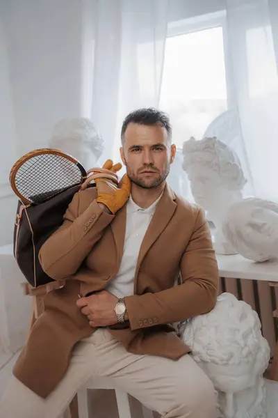 Stylish Male Model Embodies Old Money Look Posing Bag Tennis — Stock Photo, Image