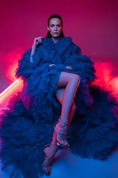 Beautiful Model Lavish Blue Carnival Gown Poses Warmly Lit Studio — Stock Photo, Image
