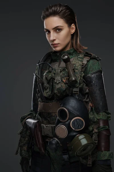 Portrait Woman Military Attire Portraying Rebel Partisan Gray Background Depicting — Stock Photo, Image