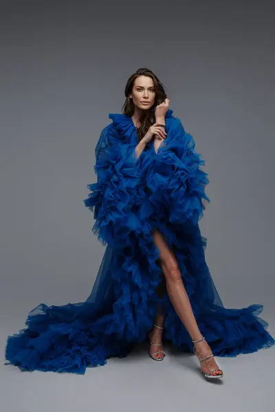 一个穿着华丽的蓝色狂欢节礼服的漂亮模特 在灰色的背景下摆姿势 — 图库照片