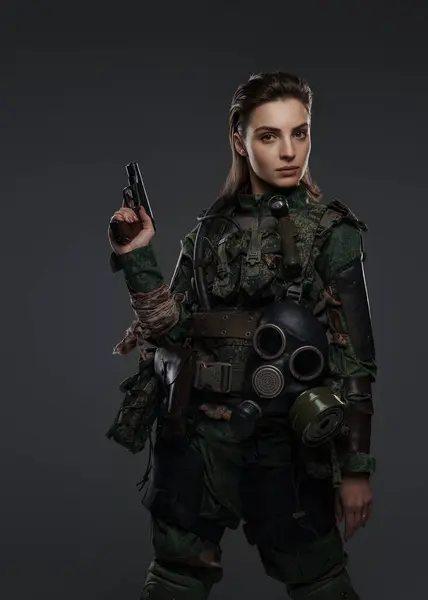 Female Warrior Dressed Rebel Partisan Military Garb Armed Pistol Set — Stock Photo, Image