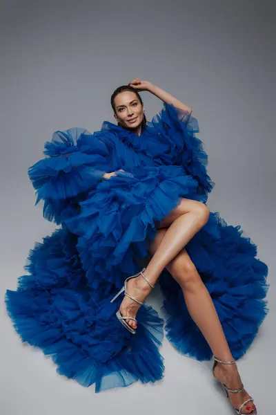 Stunning Model Enchanting Smile Lush Blue Carnival Gown Posing Gray — Stock Photo, Image