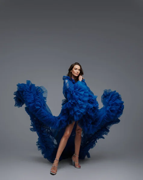 Beautiful Model Lavish Blue Carnival Gown Posing Gray Backdrop — Stock Photo, Image