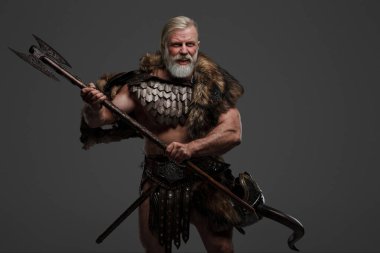 Gri bir zemine karşı kürk ve hafif zırhlı, gümüşi saçlı, sakallı, öfkeli bir Viking savaşçısı.