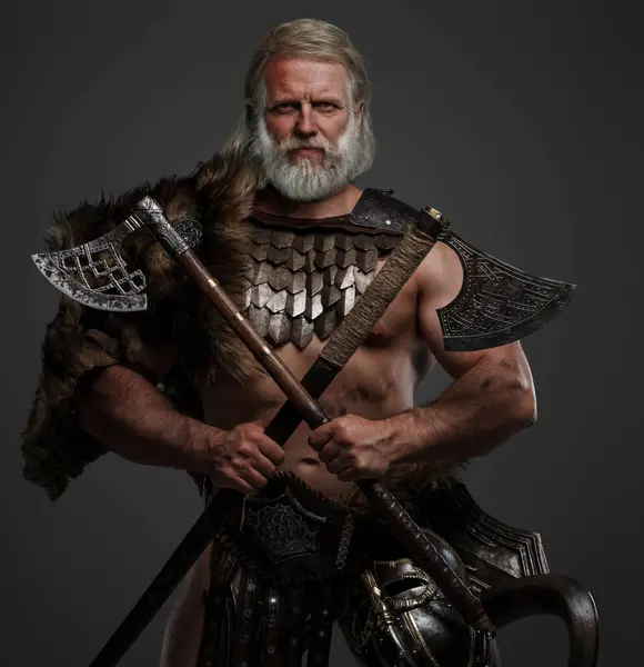 Weathered Venerable Viking Hero Donning Fur Lightweight Armor Sporting Belt — Stock Photo, Image