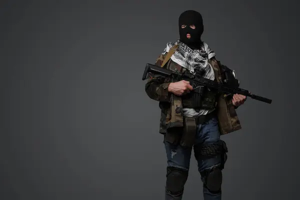 Middle Eastern Radical Soldier Dressed Black Balaclava Camouflaged Field Uniform — Stock Photo, Image