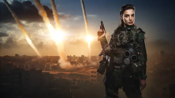 Female soldier in military uniform striking a pose against the backdrop of a missile attack on a Middle Eastern city, with multiple rocket trails crisscrossing the sky