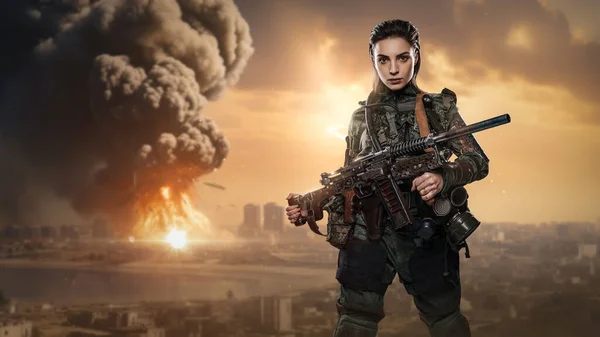 A confident female soldier in military uniform posing in front of a massive bomb explosion falling on a Middle Eastern city