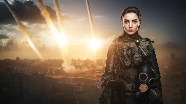 The portrait of a self-assured female soldier in military attire, defiantly posing as rockets rain down on a Middle Eastern city, leaving trails of destruction in the sky