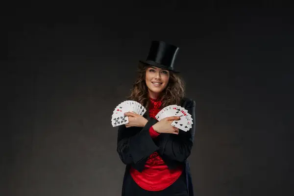 Charming Female Magician Magicians Costume Black Top Hat Performing Card — Stock Photo, Image