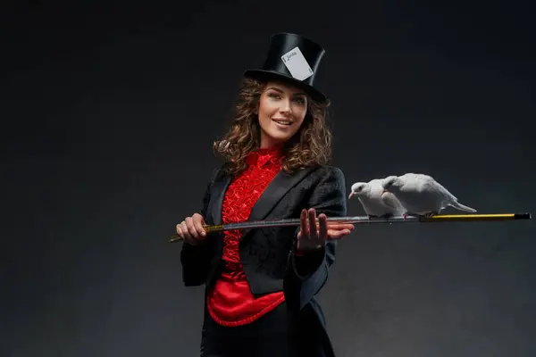 Portrait Magician Magicians Costume Black Top Hat Performing Magic Tricks — Stock Photo, Image