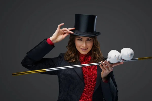Elegant Illusionist Costume Black Cylinder Hat Performs Enchanting Dove Magic — Stock Photo, Image